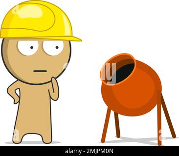 Builder in a yellow hard hat next to a concrete mixer Stock Vector