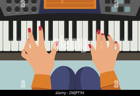 Top View Of Piano Keyboard. Woman Playing Music Vector Illustration In Flat Style Stock Vector