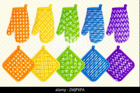 Kitchen mittens and potholders, fabric holders for cooking. Template of textile oven mitts and gloves with zigzag, striped and checkered pattern, vect Stock Vector