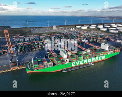 Rotterdam, 19th of January 2023, The Netherlands. From above:Drone Video of Rotterdam Container Terminal and the Loading Unloading of Cargo on Stock Photo