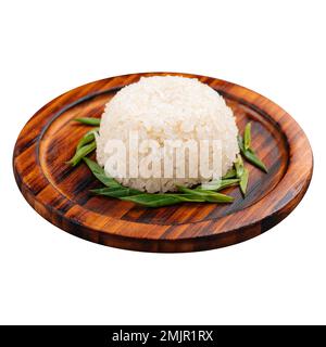 Portion of cooked rice garnish on wooden plate Stock Photo