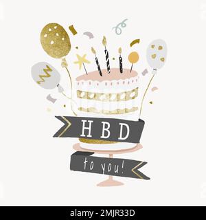 Birthday cake template sticker, aesthetic gold and pastel element graphic vector Stock Vector