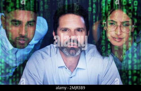Face, cyber security or programmer team thinking at night on UX SEO software, web design or database coding. Collaboration, diversity or developer for Stock Photo
