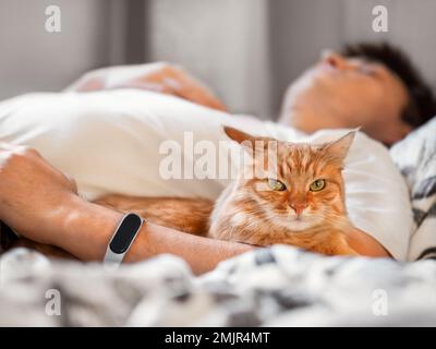 Cute ginger cat is lying in bed with its owner. Cat lover is sleeping. Healing power of domestic animals. Sick man with fluffy pet in bedroom. Stock Photo