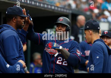 Minnesota Twins' Miguel Sano (22) celebrates his solo home run in the  fourth inning of a baseball game against the Detroit Tigers in Detroit,  Sunday, June 9, 2019. (AP Photo/Paul Sancya Stock