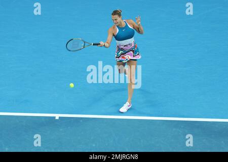 Melbourne, Australia. 28th Jan, 2023. Aryna Sabalenka of Belarus hits a return during the women's singles final against Elena Rybakina of Kazakhstan at Australian Open at Melbourne Park, in Melbourne, Australia, Jan. 28, 2023. Credit: Bai Xuefei/Xinhua/Alamy Live News Stock Photo