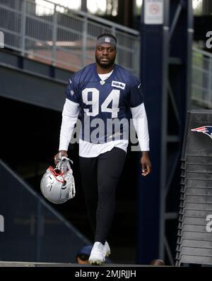 June 8, 2022; Foxborough, MA, USA; New England Patriots defensive lineman Sam  Roberts (59) warms up at the at the team's minicamp at Gillette Stadium.  Mandatory Credit: Eric Canha/CSM/Sipa USA(Credit Image: ©