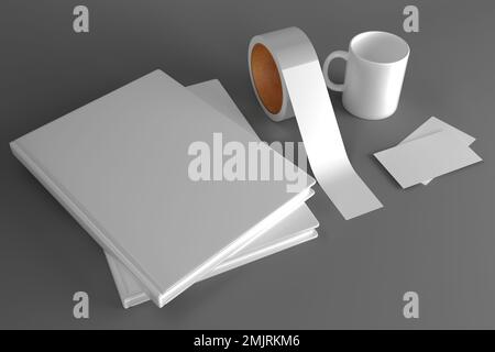 3d render mockup with space for design on book, tape, cup, business card Stock Photo