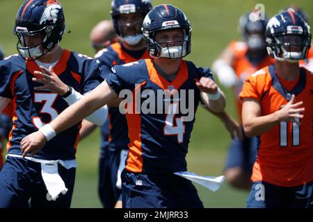 Denver Broncos quarterback Brett Rypien (4) looks to throw against the  Atlanta Falcons during the second half of the Pro Football Hall of Fame NFL  preseason game, Thursday, Aug. 1, 2019, in