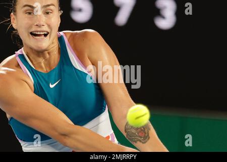 Melbourne, Australia. 28th Jan, 2023. Aryna Sabalenka of Belarus in action during the Women's Singles Final at the Australian Open in Melbourne, Australia. Frank Molter/Alamy Live News Stock Photo