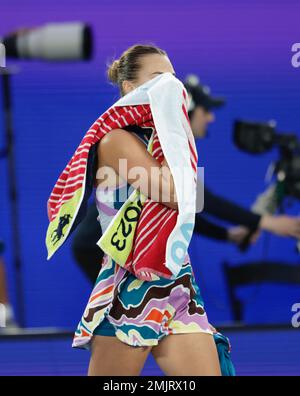 Melbourne, Australia. 28th Jan, 2023. Aryna Sabalenka of Belarus in action during the Women's Singles Final at the Australian Open in Melbourne, Australia. Frank Molter/Alamy Live News Stock Photo