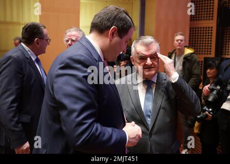 Duesseldorf, Germany. 28th Jan, 2023. Minister Nathanael Liminski (l) talks with North Rhine-Westphalian Interior Minister Herbert Reul (r, CDU) at the CDU's New Year's reception. Credit: David Young/dpa/Alamy Live News Stock Photo