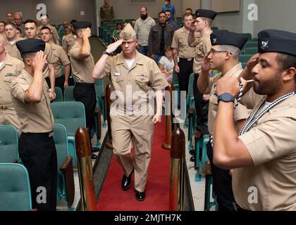 220901-N-ED185-2010    NAVAL BASE KITSAP – KEYPORT, Wash (Sept. 1, 2022) Capt. Shawn Huey, commander, Submarine Squadron 19, passes through sideboys during a decommissioning ceremony for the Los Angeles-class fast-attack submarine USS Providence (SSN 719), Sept. 1, 2022. Providence was commissioned July 27, 1985, and supported a multitude of missions, including anti-submarine warfare, anti-surface ship warfare, strike, intelligence, surveillance and reconnaissance. Stock Photo