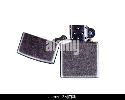 Close up vintage zippo lighter isolated on white background Stock Photo