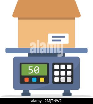 Electronic weight scale for cargo in flat style. Cardboard measuring vector illustration on isolated background. Equilibrium comparison sign business Stock Vector
