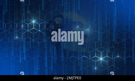 Digital internet cyber security technology concept - silhouette of abstract 3D robotic head on graphic cube pattern background with binary code Stock Photo