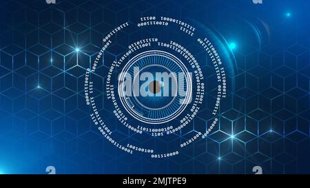 Digital internet cyber security technology concept - binary code circles around futuristic electronic eye on graphic cube pattern background Stock Photo