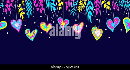 Doodle hearts, herbs, leaves as seamless border Stock Vector