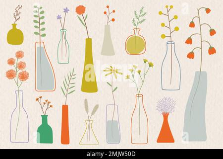 Colorful doodle flowers in vases on beige background vector Stock Vector