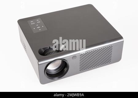 Grey generic multimedia black modern video projector isolated on white background Stock Photo