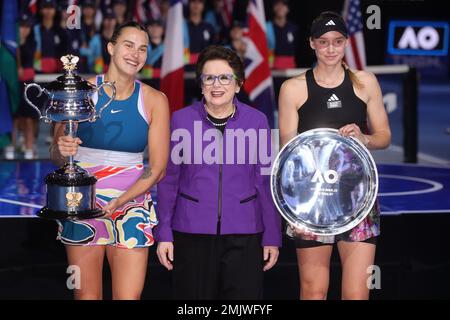 Melbourne, Australia. 28th Jan, 2023. Champion Aryna Sabalenka and Runners Up Elena Rybakina of Kazakistan pose with tennis legend Billie Jean King at the Women's Singles Final match, Day 13 at the Australian Open Tennis 2023 at Rod Laver Arena, Melbourne, Australia on 28 January 2023. Photo by Peter Dovgan. Editorial use only, license required for commercial use. No use in betting, games or a single club/league/player publications. Credit: UK Sports Pics Ltd/Alamy Live News Stock Photo