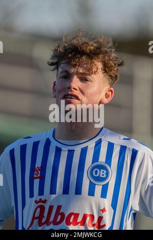 Ikast, Denmark. 27th, January 2023. Jakob Breum of Odense Boldklub seen during a test match between FC Midtjylland and Odense Boldklub at EDC Arena in Ikast. (Photo credit: Gonzales Photo - Nicolai Bethelsen). Stock Photo