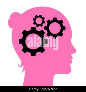 Womans head with cogs, vector icon. Logical thinking female, concept vector illustration. Stock Vector