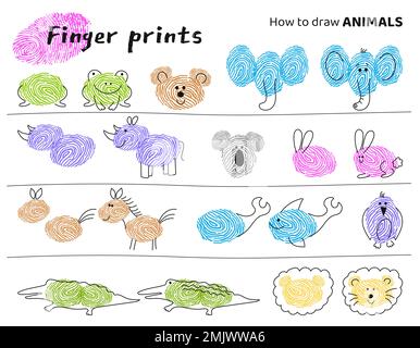 Finger prints art. Task for kids how to make different Animals. Stock Vector