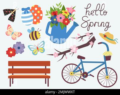 Big Colorful Spring Collection Of Elements For Decoration Vector Illustration In Flat Style Stock Vector