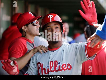 Philadelphia Phillies' Jean Segura celebrates after a home run during a  baseball game, Wednesday, Sept. 7, 2022, in Philadelphia. (AP Photo/Matt  Slocum Stock Photo - Alamy