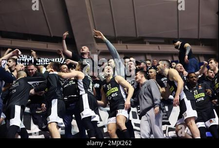 Belgrade, Serbia, 27 January 2023. The players of Partizan Mozzart Bet Belgrade celebrate the victory with the fans during the 2022/2023 Turkish Airlines EuroLeague match between Crvena Zvezda mts Belgrade v Partizan Mozzart Bet Belgrade at Aleksandar Nikolic Hall in Belgrade, Serbia. January 27, 2023. Credit: Nikola Krstic/Alamy Stock Photo