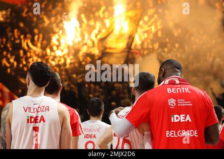 Belgrade, Serbia, 27 January 2023. The players of Crvena Zvezda mts Belgrade watch the their fans while they cheer during the 2022/2023 Turkish Airlines EuroLeague match between Crvena Zvezda mts Belgrade v Partizan Mozzart Bet Belgrade at Aleksandar Nikolic Hall in Belgrade, Serbia. January 27, 2023. Credit: Nikola Krstic/Alamy Stock Photo