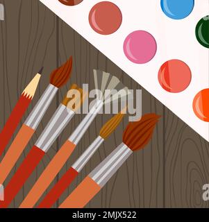Watercolors Painting Tools. Brushes, Pencil, Aquarelle For Drawing Vector Illustration Flat Style Stock Vector