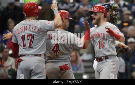 Los Angeles, United States. 28th Apr, 2021. Cincinnati Reds closing pitcher  Sean Doolittle celebrates with catcher Tucker Barnhart after shutting down  the Los Angeles Dodgers in the ninth inning to win the