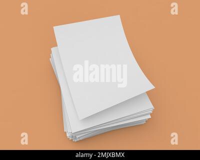 White sheets of A4 office paper on a brown background. 3d render illustration. Stock Photo