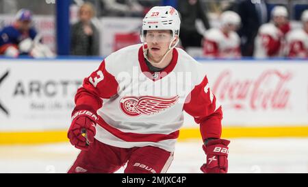 Detroit Red Wings' Lucas Raymond celebrates after scoring a goal during the  first period of an NHL hockey game against the Philadelphia Flyers,  Wednesday, Feb. 9, 2022, in Philadelphia. (AP Photo/Derik Hamilton