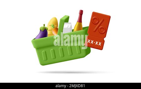 Green grocery shopping basket with food like vegetables and wine with red discount price tag, isolated Stock Vector