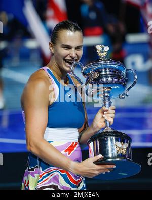Melbourne, Australia. 28th. Jan., 2023. Winner Aryna Sabalenka holding the trophy of  the Australian Open 2023 tournament at  Melbourne Park on Saturday 28 January 202 © Juergen Hasenkopf / Alamy Live News Stock Photo