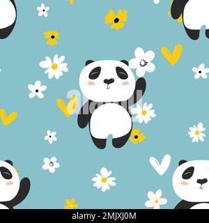 Seamless pattern with cute panda baby on color floral background. Funny asian animals. Card, postcards for kids. Flat vector illustration for fabric Stock Vector