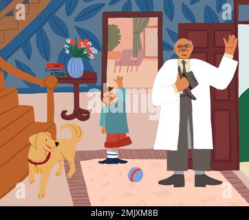 Cartoon doctor in mask visiting children at home. Sick boy and girl getting treatment at home, house call flat vector illustration. Healthcare, medicine concept for banner or landing web page. Vector illustration Stock Vector