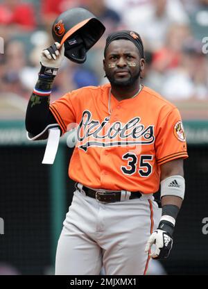 Baltimore Orioles' Dwight Smith Jr., right, is congratulated by