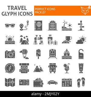 Travel glyph icon set, tourism symbols collection, vector sketches, logo illustrations, holiday signs solid pictograms package isolated on white background, eps 10. Stock Vector