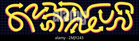 Dynamic arrows doodle set. Various playful arrow twist yellow line elements. Quirky design direction. Flat vector isolated illustration Stock Vector