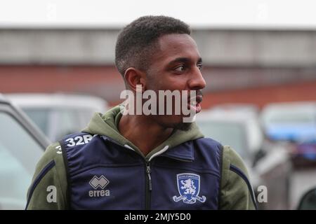 Isaiah Jones #2 of Middlesbrough arrives at The Riverside Stadium ahead of the Sky Bet Championship match Middlesbrough vs Watford at Riverside Stadium, Middlesbrough, United Kingdom, 28th January 2023  (Photo by James Heaton/News Images) Stock Photo