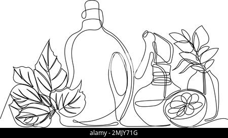 Continuous one line drawing of bottles for liquid laundry detergent, bleach, fabric softener, dishwashing liquid or another cleaning agent. Easy to place your text and brand logo. Vector illustration Stock Vector