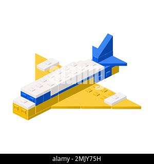 Plane assembled from plastic blocks in isometric style for printing and decoration. Vector illustration. Stock Vector