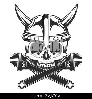 Skull with viking helmet and crossed wrench business builder from new construction and remodeling house illustration Stock Vector