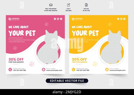 Pet shelter social media post vector with yellow and pink colors. Animal adoption and grooming center advertisement web banner vector. Petcare promoti Stock Vector