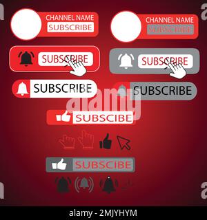 Subscribe, bell button, and hand cursor. The red button subscribes to the channel, and blog. Social media background. Marketing. Vector illustration. Stock Vector
