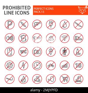 Prohibited glyph icon set, warning symbols collection, vector sketches ...